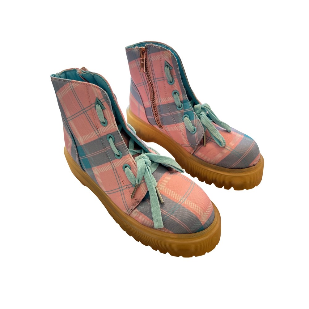 YRU Slayr Pink Blue Plaid Alt Streetwear High Top Lug Sole Platform Boots Size 9